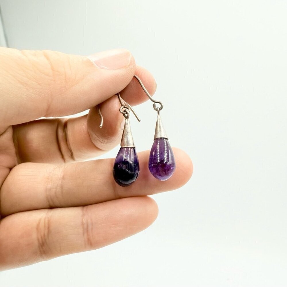 Tear Drop Shaped Amethyst Silver Tone Gemstone Long Earrings